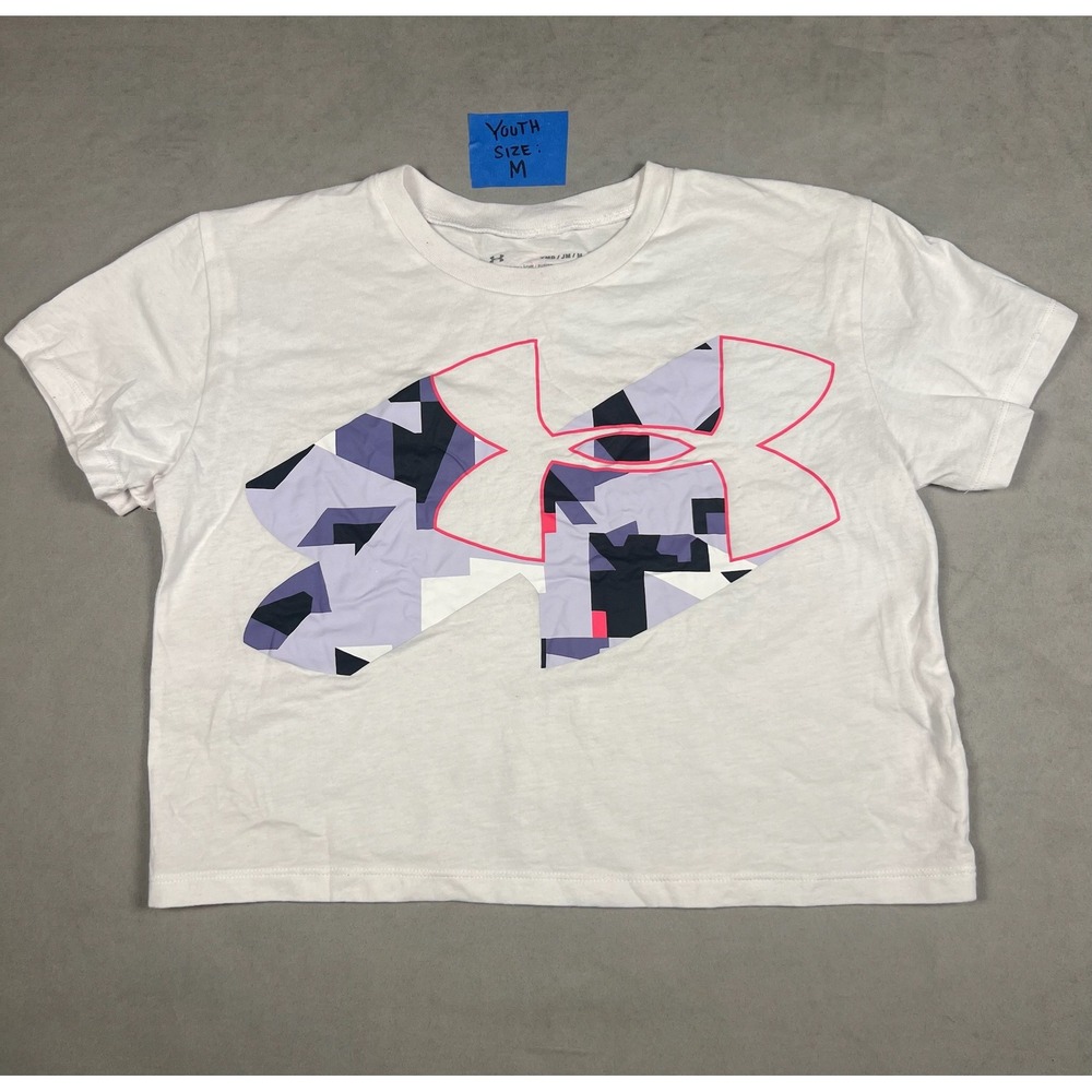 Under Armour Youth Girls White HeatGear Geometric Logo Graphic T-Shirt Size M